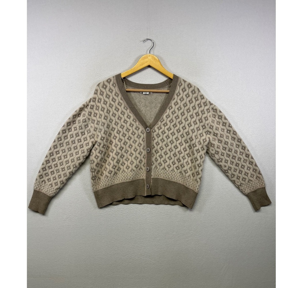 cupcakes and cashmere Geometric Boho Womens M Tan Fuzzy Knit V-Neck Cardigan‎